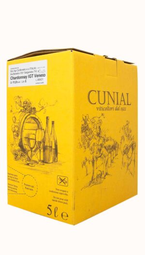 Un bag in box da 5 litri di vino chardonnay IGT Veneto della cantina Cunial