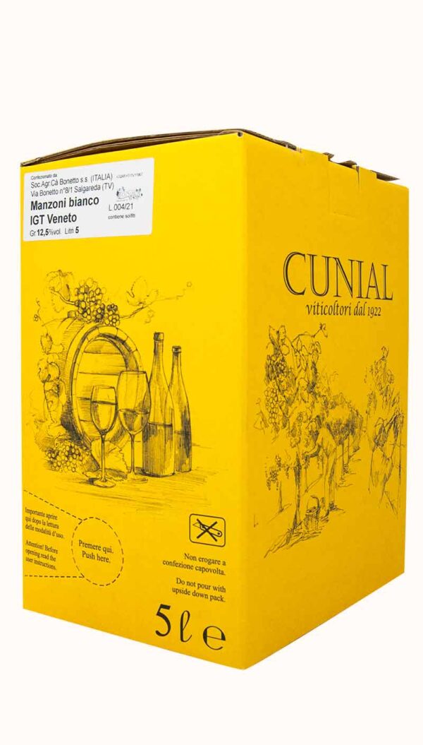 Un bag in box da 5 litri di vino Manzoni bianco IGT Veneto della cantina Cunial