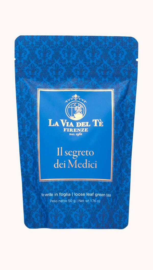 Un sacchetto da 50 grammi di tè verde in foglia Il Segreto dei Medici della Via del Tè di Firenze