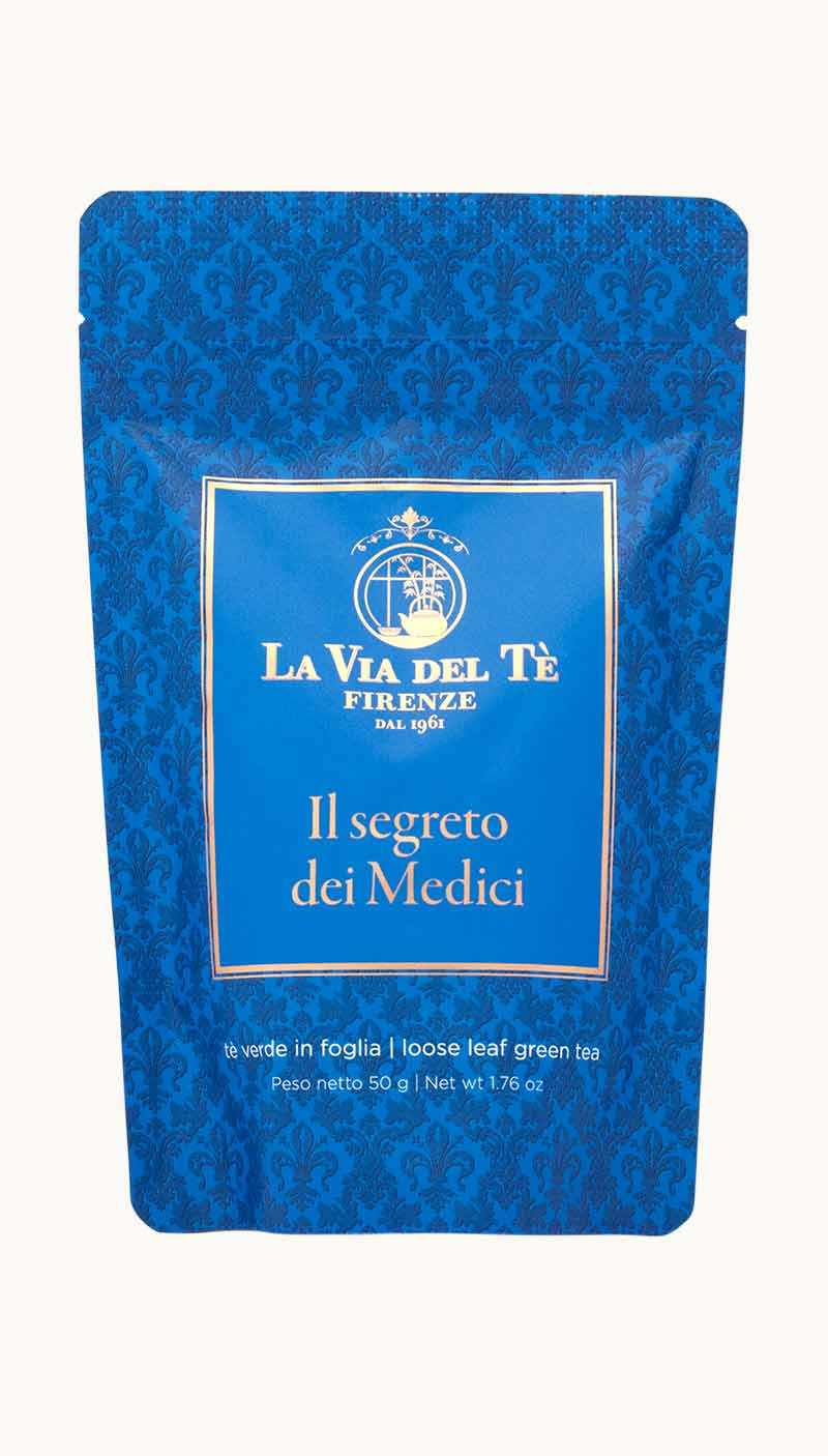 Un sacchetto da 50 grammi di tè verde in foglia Il Segreto dei Medici della Via del Tè di Firenze