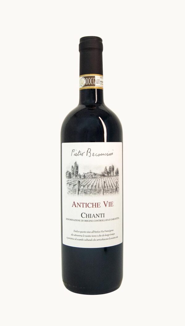 Una bottiglia di vino Chianti Antiche Vie DOCG della cantina Pietro Beconcini