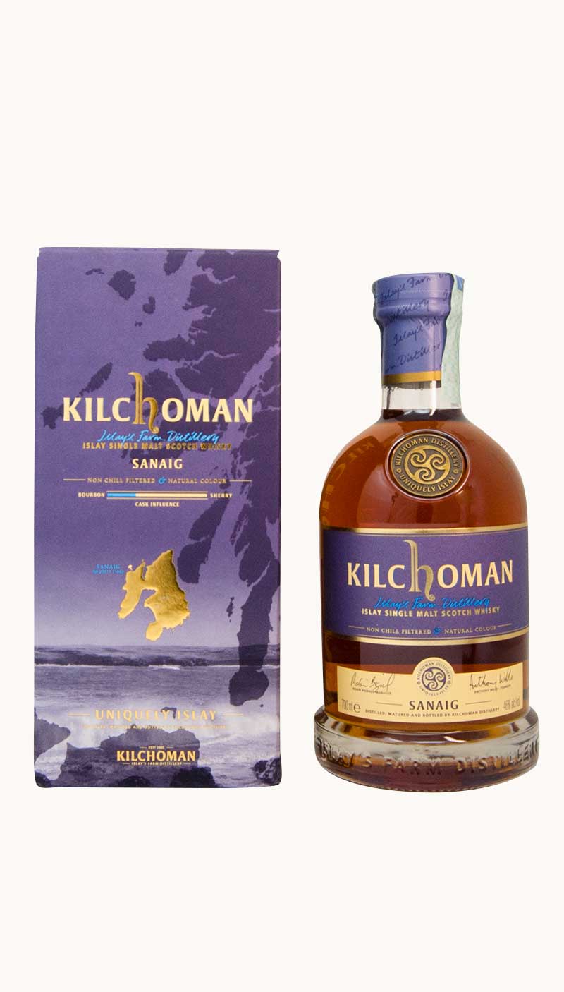 Una bottiglia di whisky Single Malt Sanaig della distilleria Kilchoman