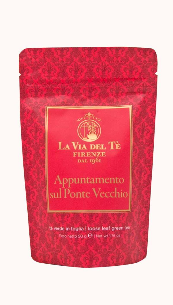 Un sacchetto da 50 grammi di tè verde in foglia Appuntamento sul Ponte Vecchio della Via del Tè di Firenze