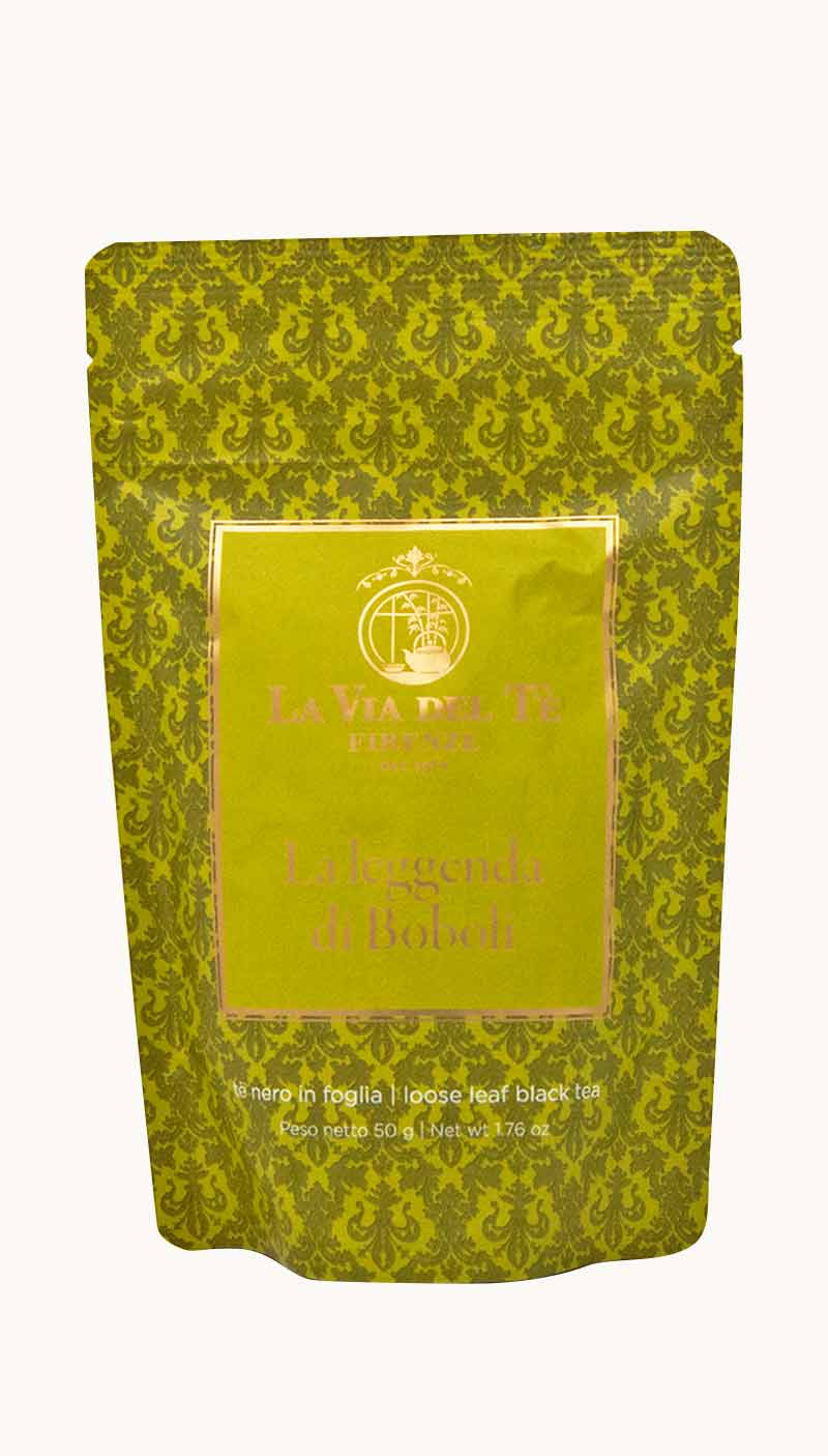 Un sacchetto da 50 grammi di tè nero in foglia La Leggenda di Boboli della Via del Tè di Firenze