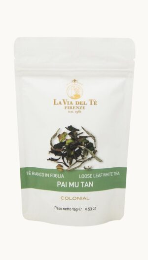 Un sacchetto da 15 grammi di tè bianco in foglia Pai Mu Tan della Via del Tè di Firenze