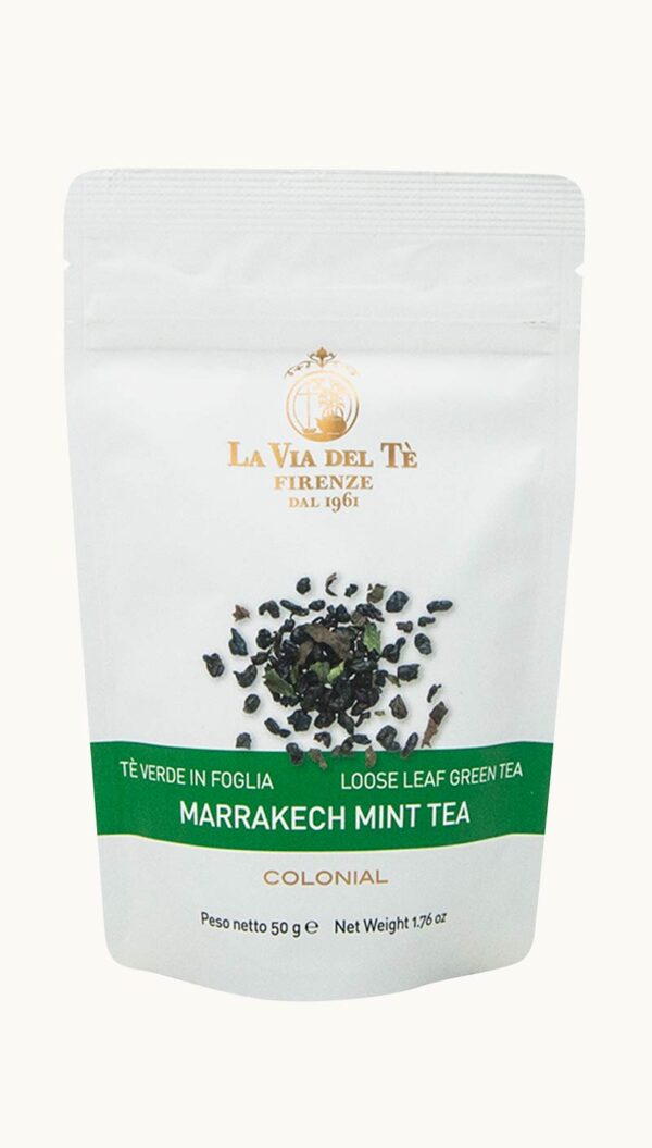 Un sacchetto da 50 grammi di tè verde in foglia Marrakech Mint Tea della Via del Tè di Firenze