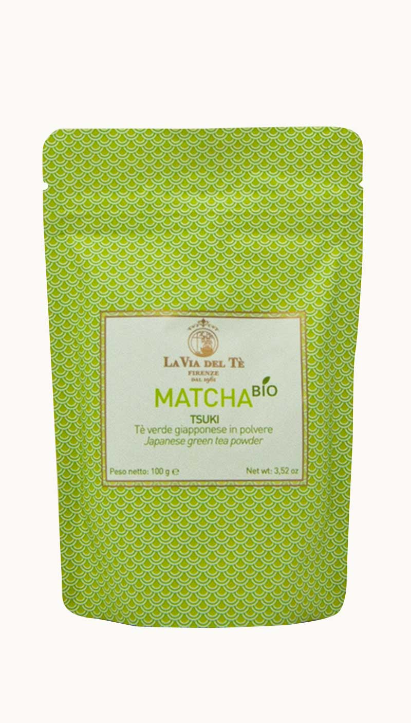 Un sacchetto da 100 grammi di tè verde giapponese in polvere Matcha Tsuki Bio della Via del Tè di Firenze