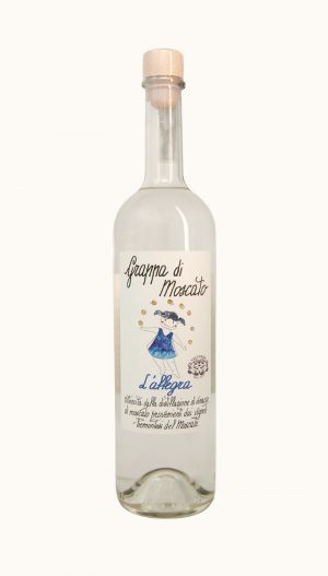 Una bottiglia di grappa di Moscato L'Allegra prodotta dall'azienda Valverde