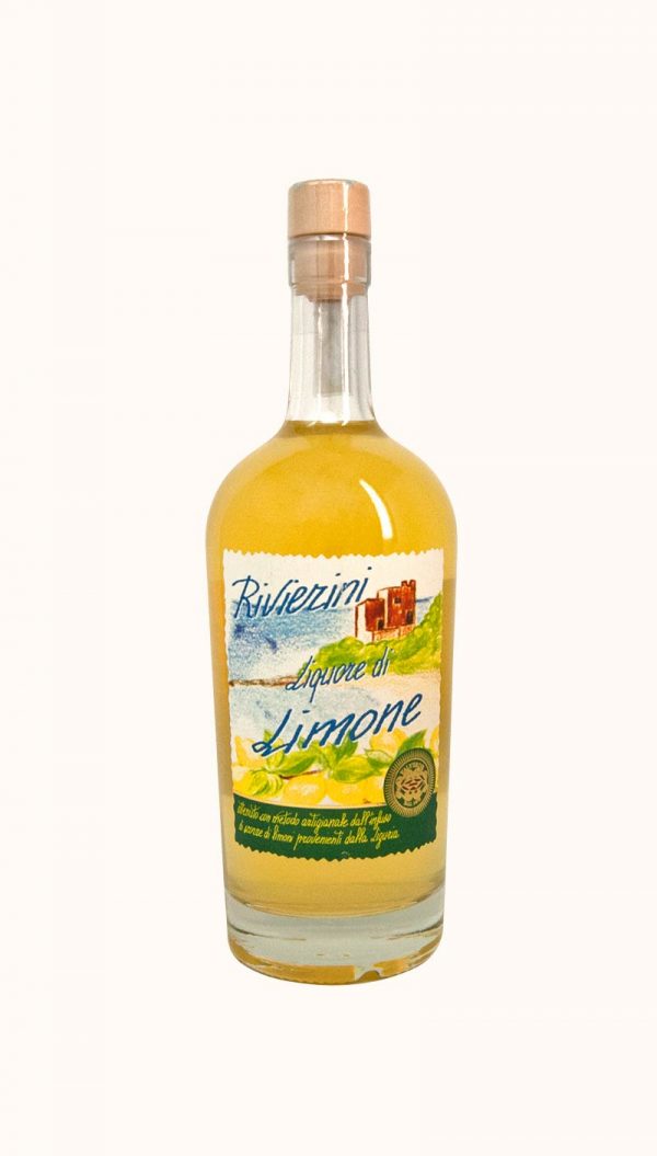 Una bottiglia di liquore al limone Rivierini dell'azienda Valverde