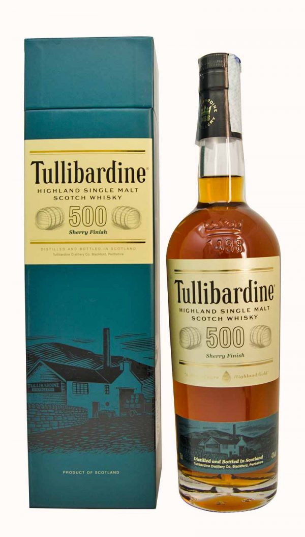 Una bottiglia di whisky single Malt Tullibardine 500 prodotto dalla distilleria Tullibardine